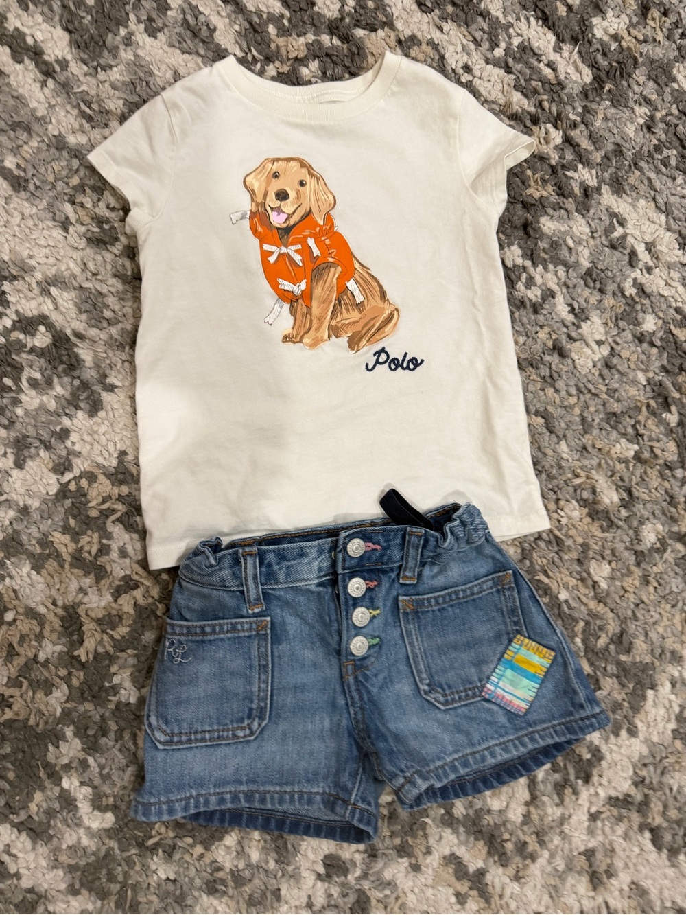 Girls Polo by Ralph Lauren Cream Tee with Orange Dog & Blue Denim Shorts Set